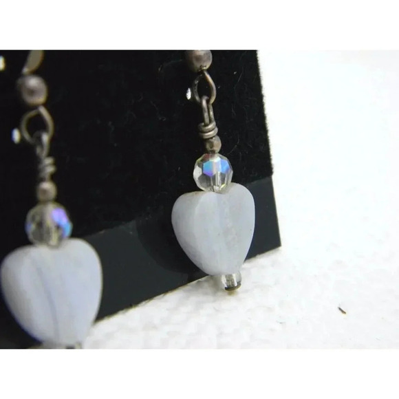 New Old Stock Sterling Silver Blue Lace Agate Crystal Heart Dangle Earring - Picture 3 of 4